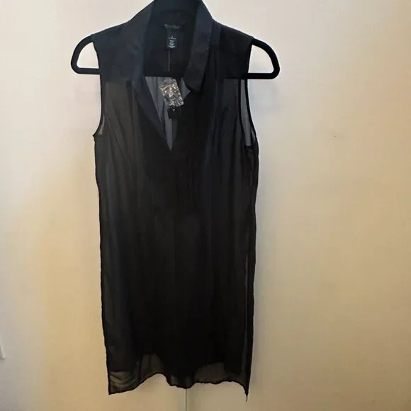 White House Black Market Pleated Bib Sheer Black Tunic Top NWT Sz S - Picture 6 of 9